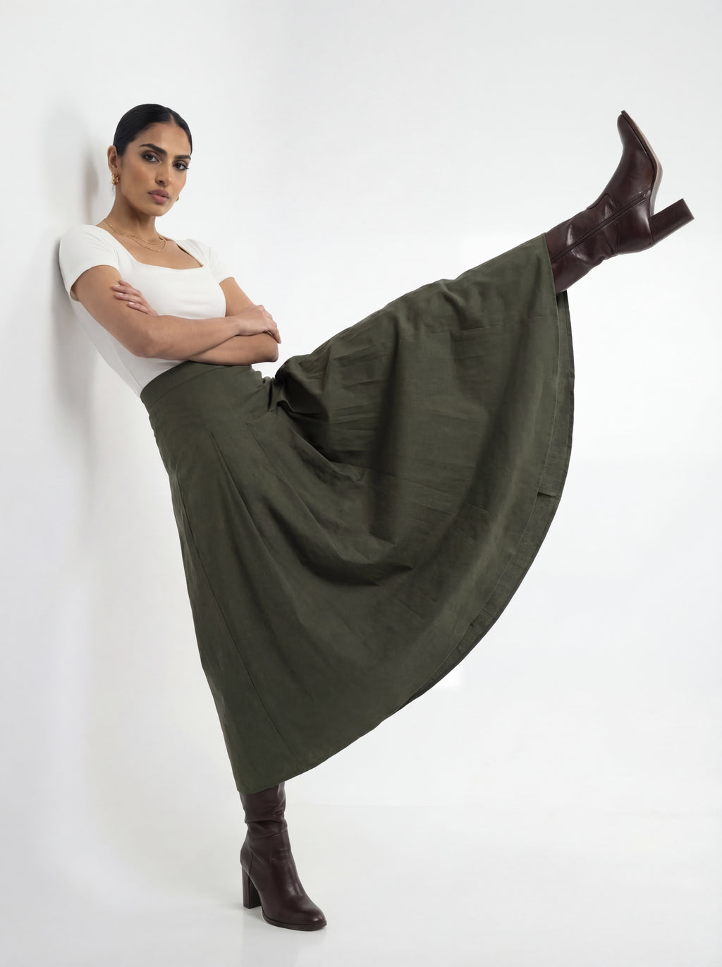 Lined Olive Green Midi Skirt
